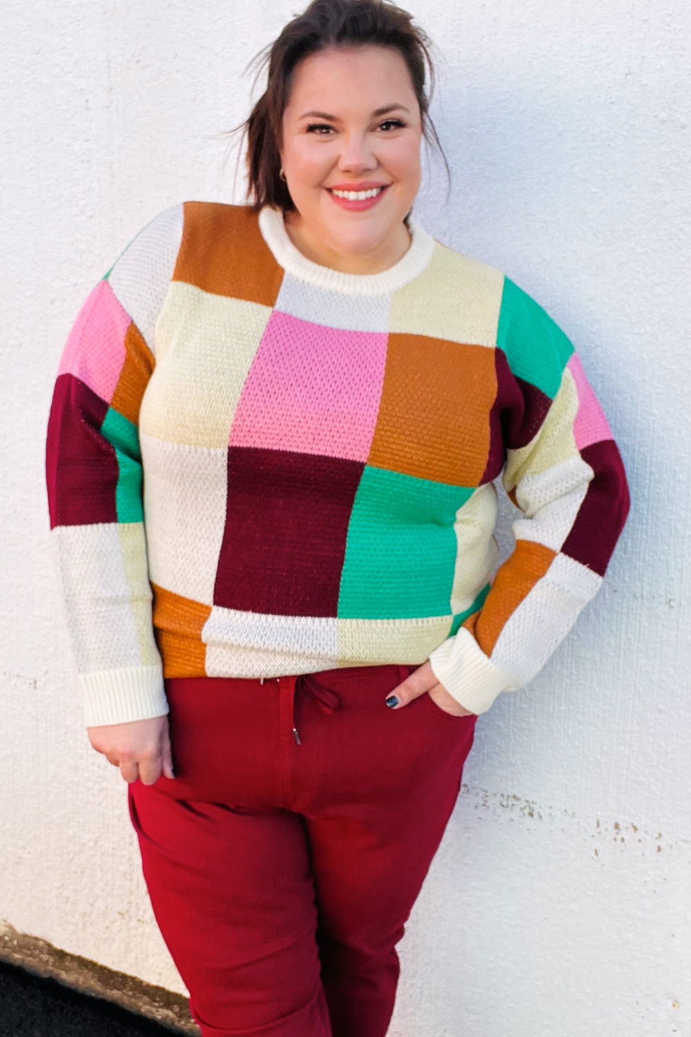 Maxct &Adorable Ivory & Camel Checker Jacquard Knit Sweater
