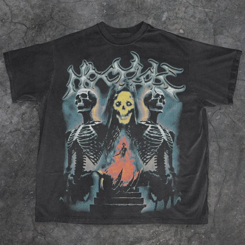 Maxct 90s Streetwear Gothic Streetwear T Shirts Men Harajuku Retro Print Pattern Oversized Tshirt Y2K Punk Skull Demon Graphic Short Sleeved Tops