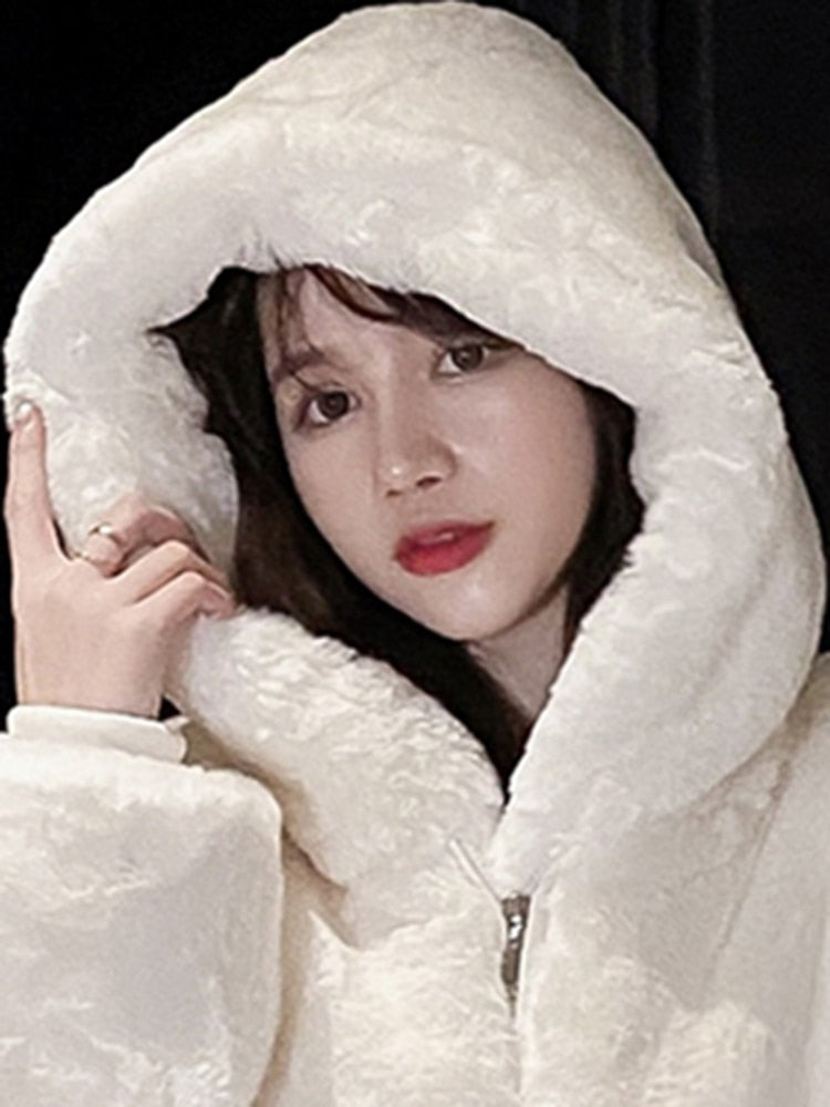 Warm Fluffy Loose White Hoodie for Women Maxct