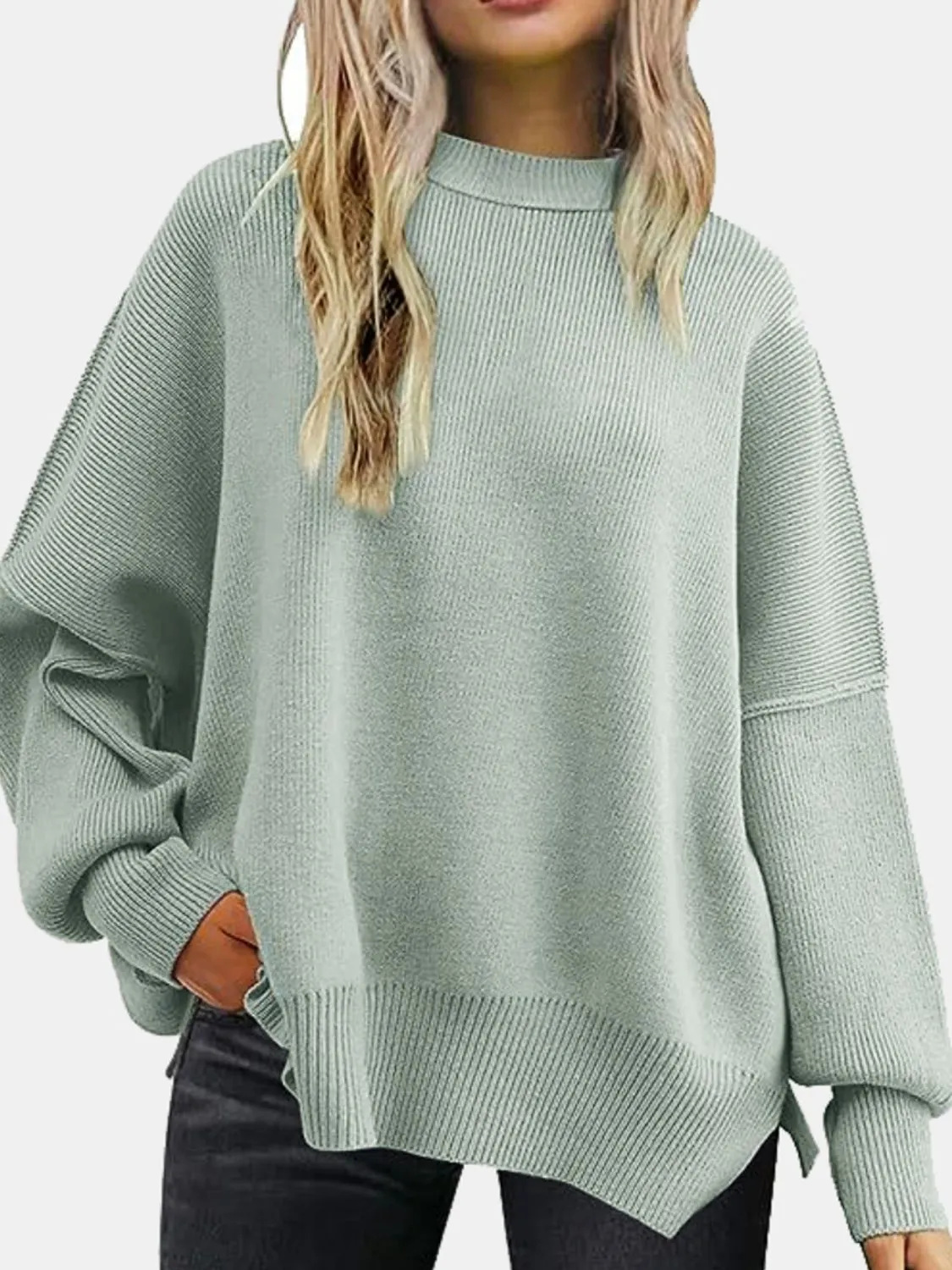 Maxct &Round Neck Drop Shoulder Slit Sweater