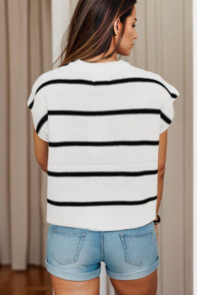 Maxct &Striped Round Neck Cap Sleeve Sweater