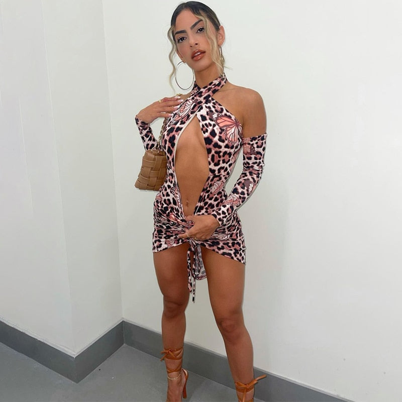 Voguable outfits Long Removable Sleeves Backless Butterfly Print Hollow Out Dress Fall Streetwear Y2K Maxct