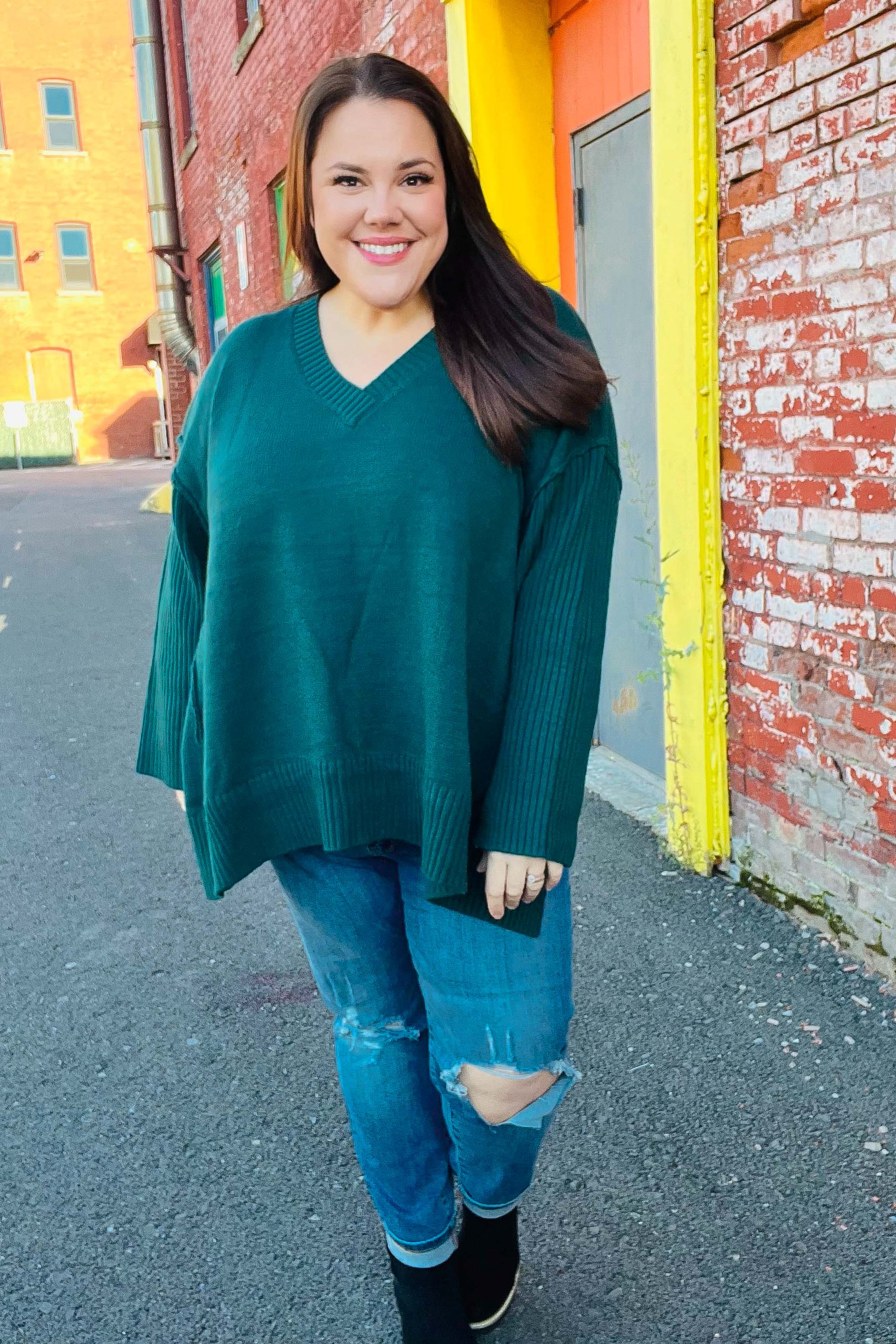 Maxct &Casual Chic Hunter Green Oversized V Neck Rib Knit Sweater