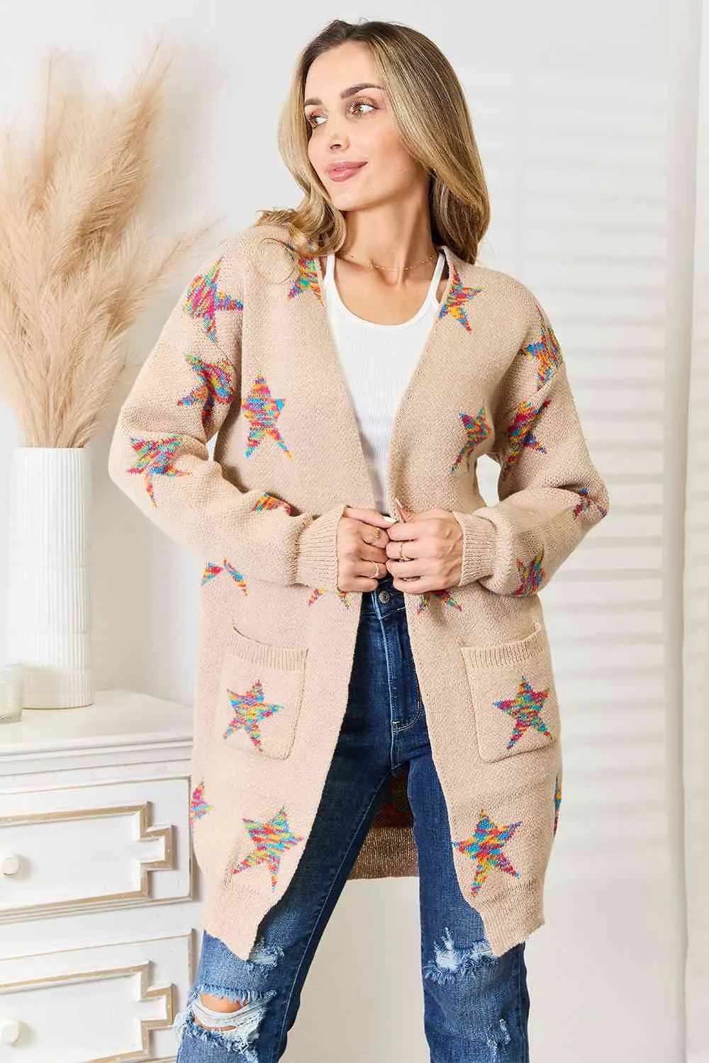 Maxct &Double Take Star Pattern Open Front Longline Cardigan
