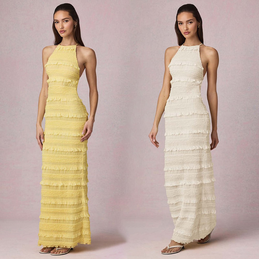 Ruffle Lace Backless Halter Neck Dress Maxct