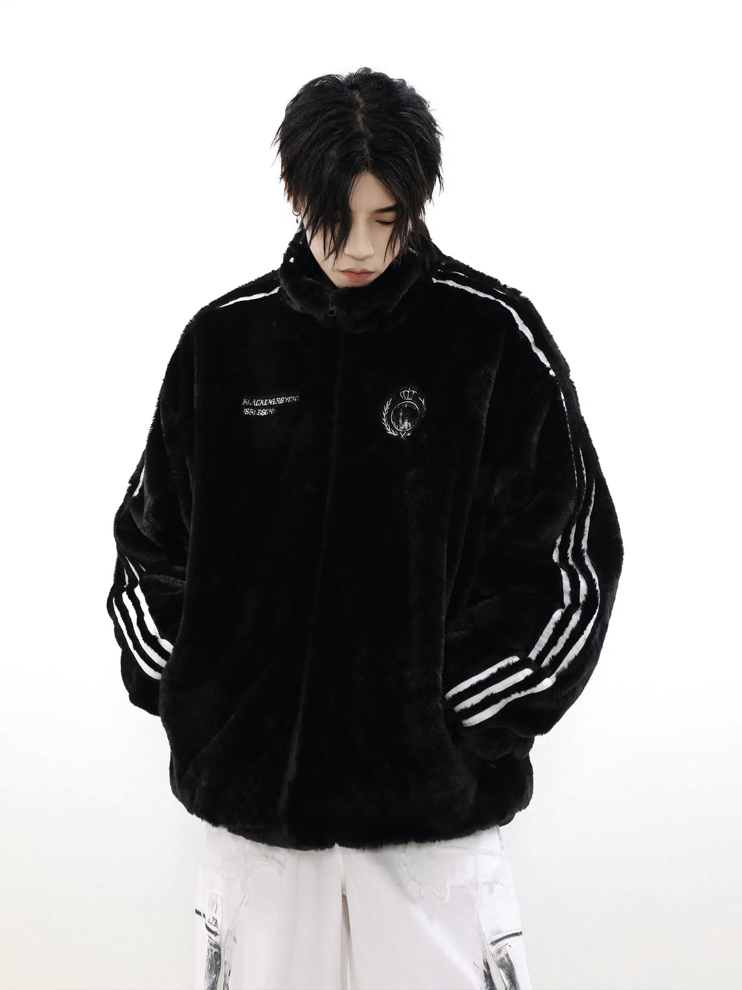 Maxct Three-stripes Sport Furry Plush Coat