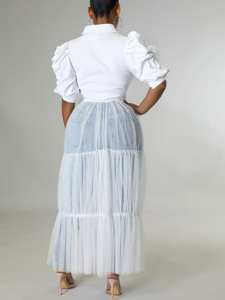 Long Sleeve Mesh Shirt Dress with Belt Maxct
