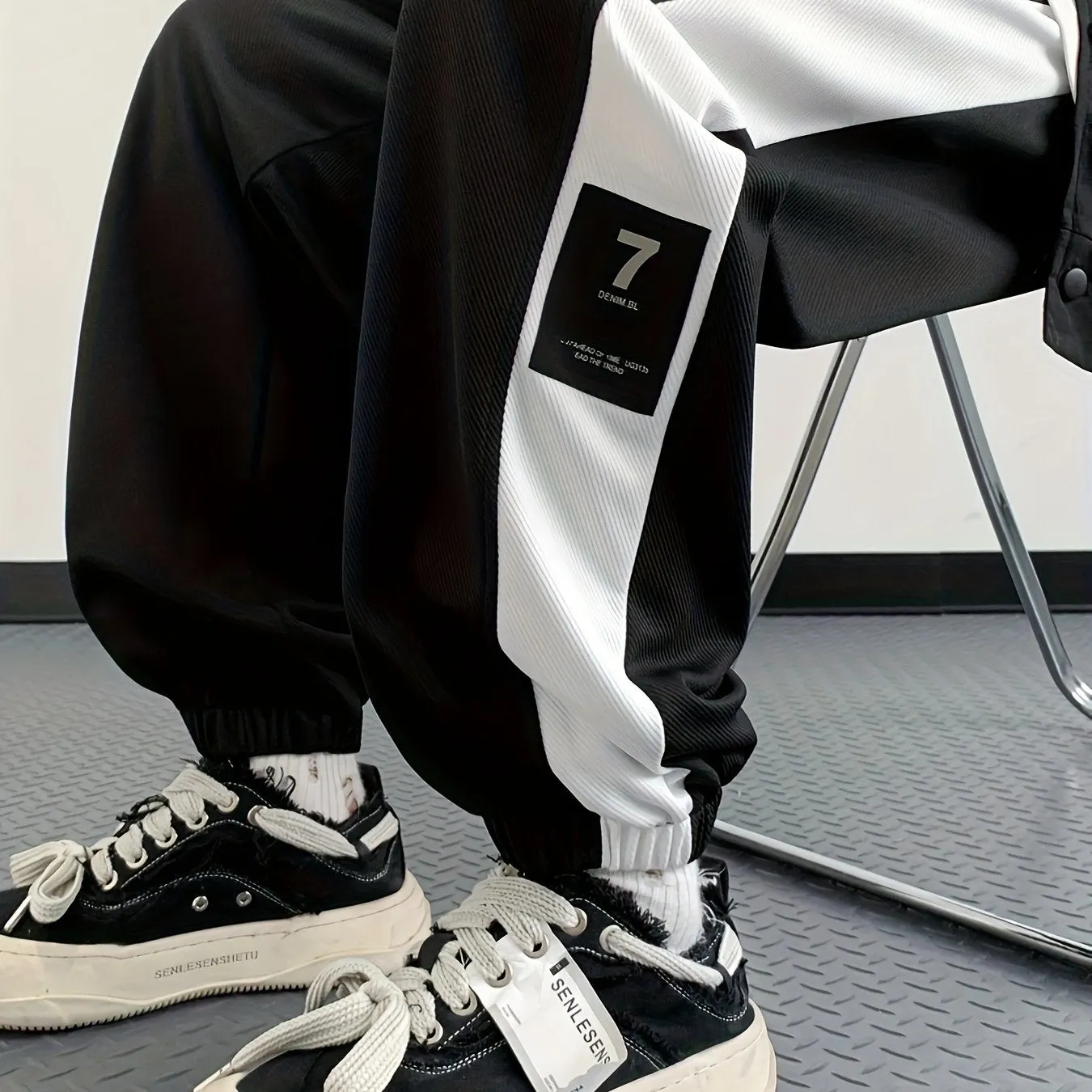 Maxct  Chic Color Block Joggers, Men's Casual Stretch Waist Drawstring Sports Pants Sweatpants
