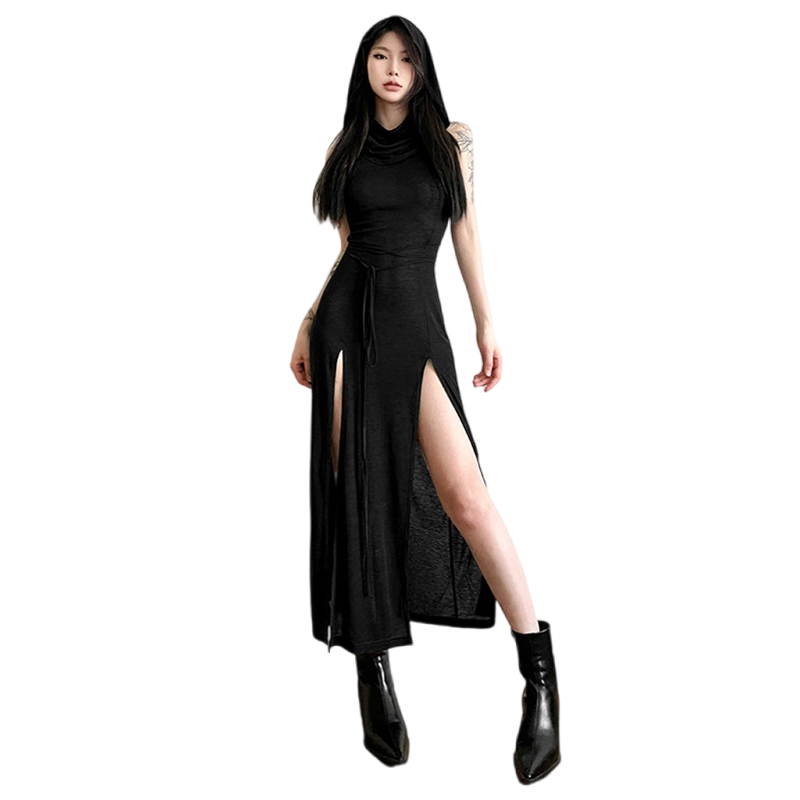 Wasteland Punk Dress y2k Solid Color Sleeveless Hollow Out Back Side Slit Hooded Dress 2000s Grunge Party Dresses