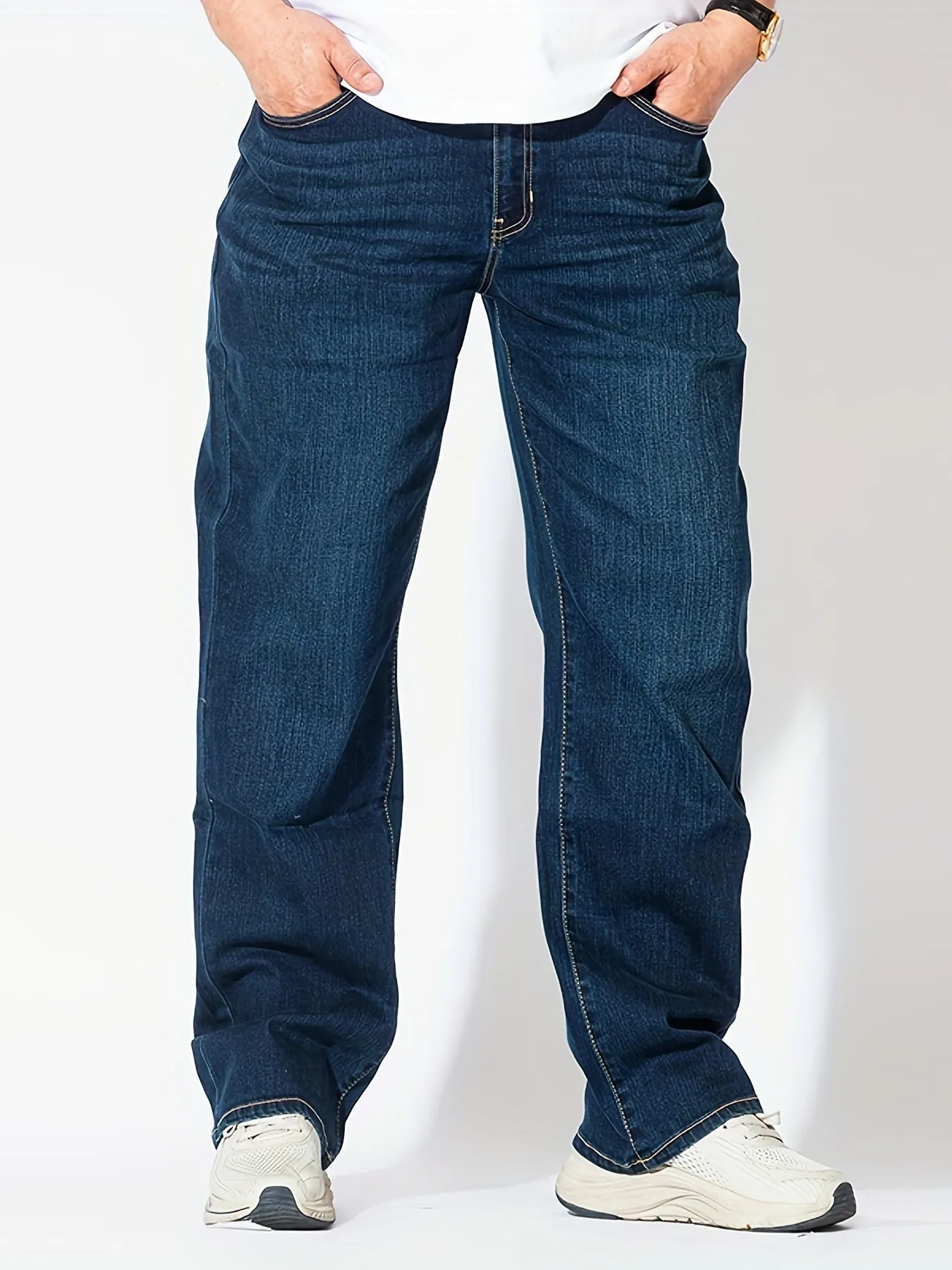 Plus Size Men's Mid Rise Dark Indigo Stretch Straight Leg Comfortable Fit Jeans, Mens Casual Trendy S Clothes