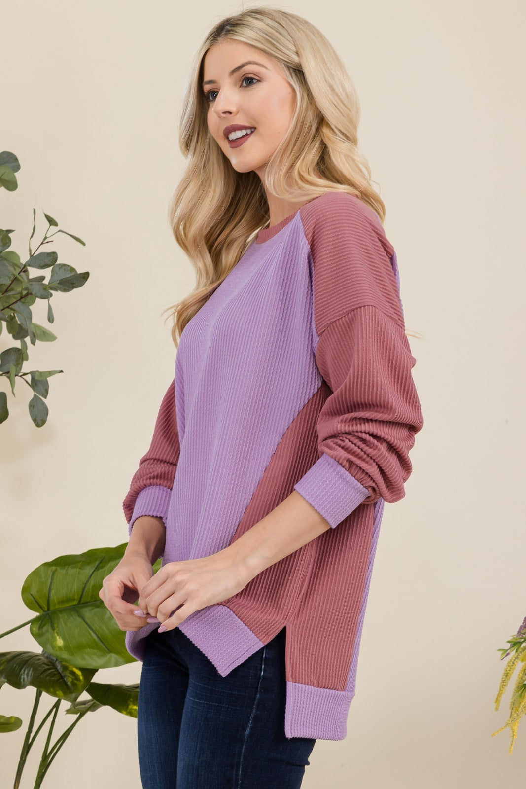 Maxct &Celeste Full Size High-Low Contrast Round Neck Sweatshirt