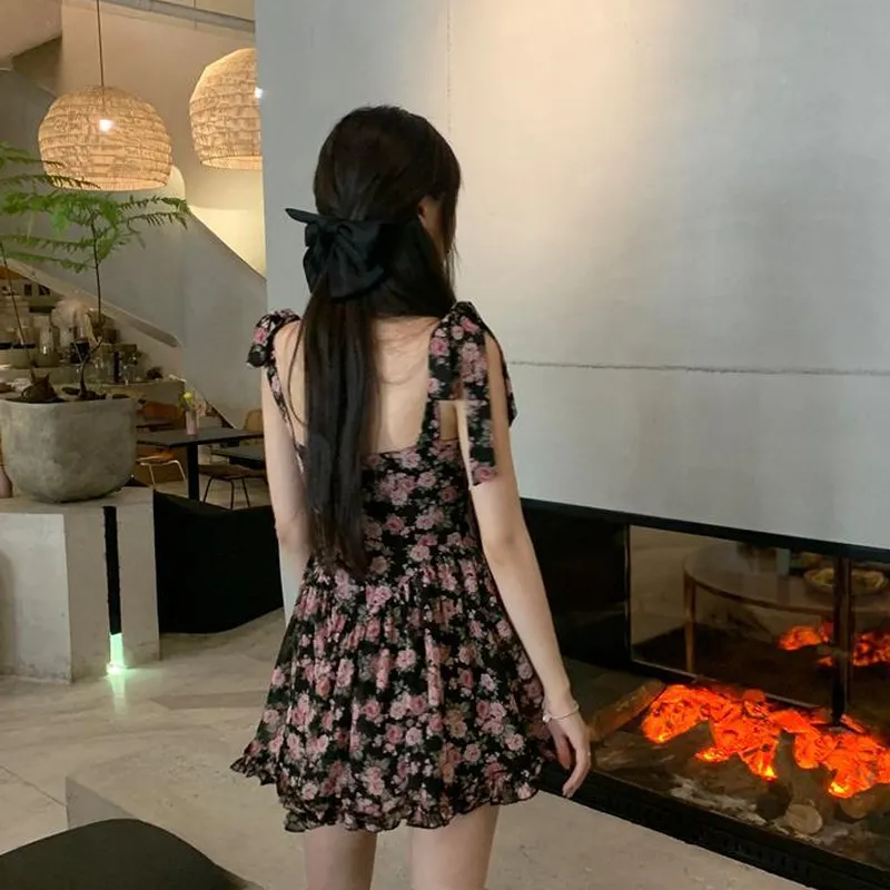 Maxct Women Sleeveless Dresses Floral Above Knee Sweet Hot Trendy Slim Sexy Ruffles Kawaii Elegant Temperament Mujer Retro Bow Teens