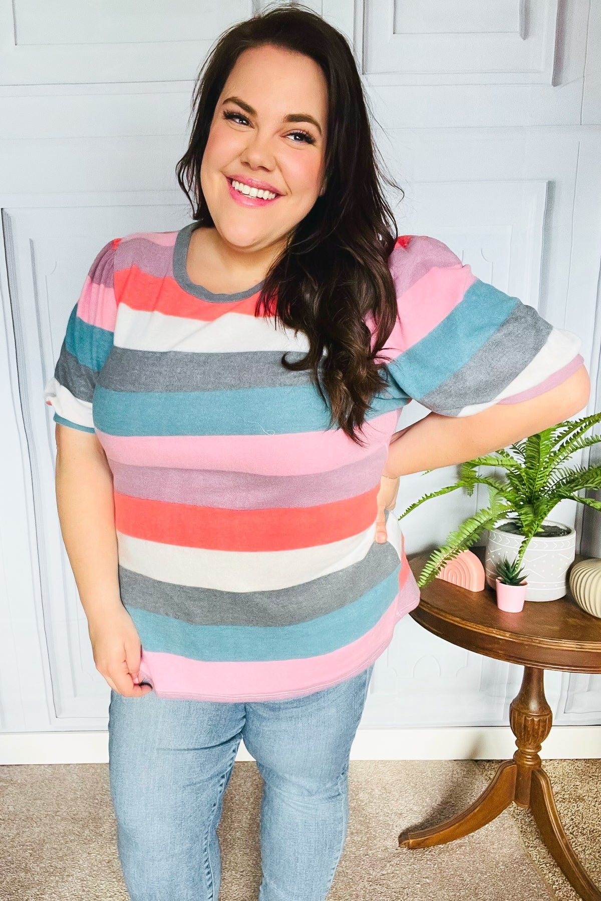 Maxct &Look Out Teal & Rose Striped Hacci Knit Puff Sleeve Top