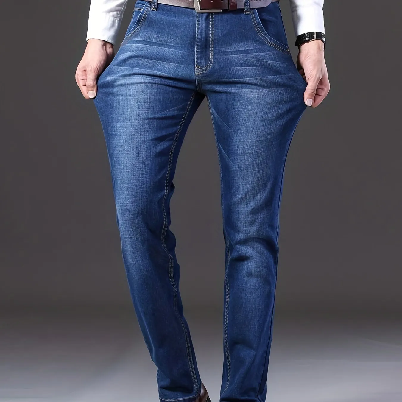 Maxct  Men's Straight Leg Slim Stretch Retro Jeans Mid Waist Basic Zipper Wash Denim Pants