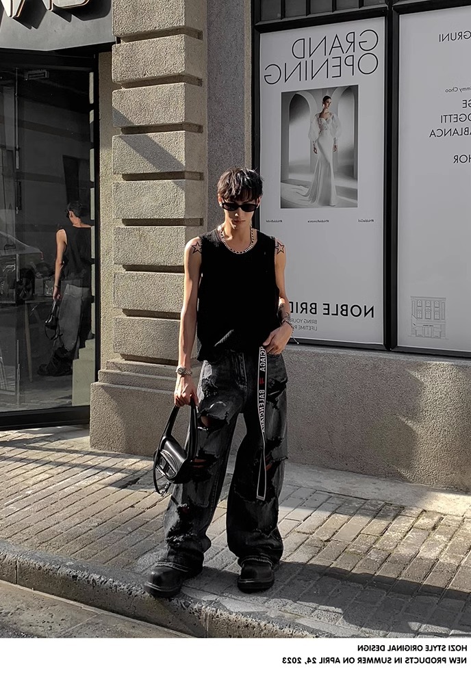 90s Streetwear Solid Color Simple Vertical Stripe Niche Retro Round Neck Vest Men's Summer New Casual All-match Sleeveless T-shirt