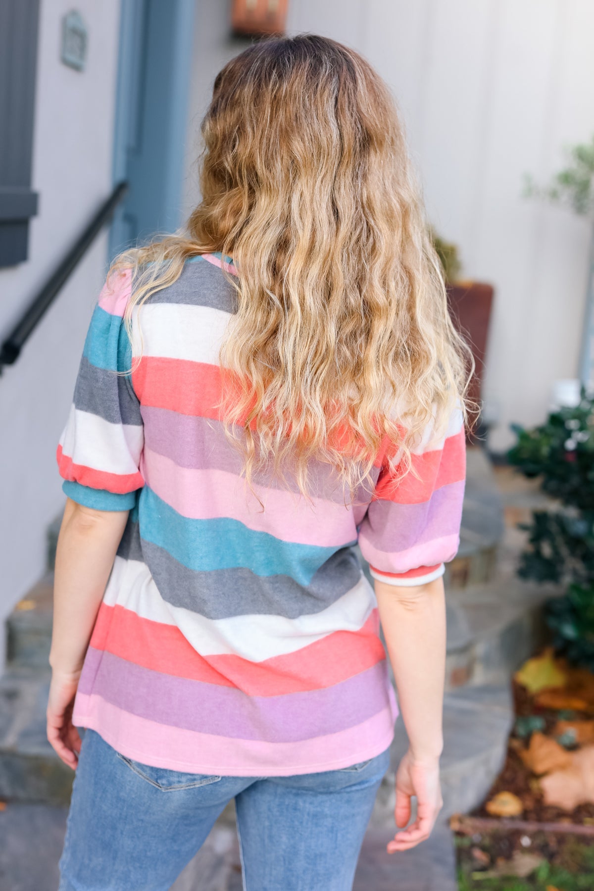 Maxct &Look Out Teal & Rose Striped Hacci Knit Puff Sleeve Top