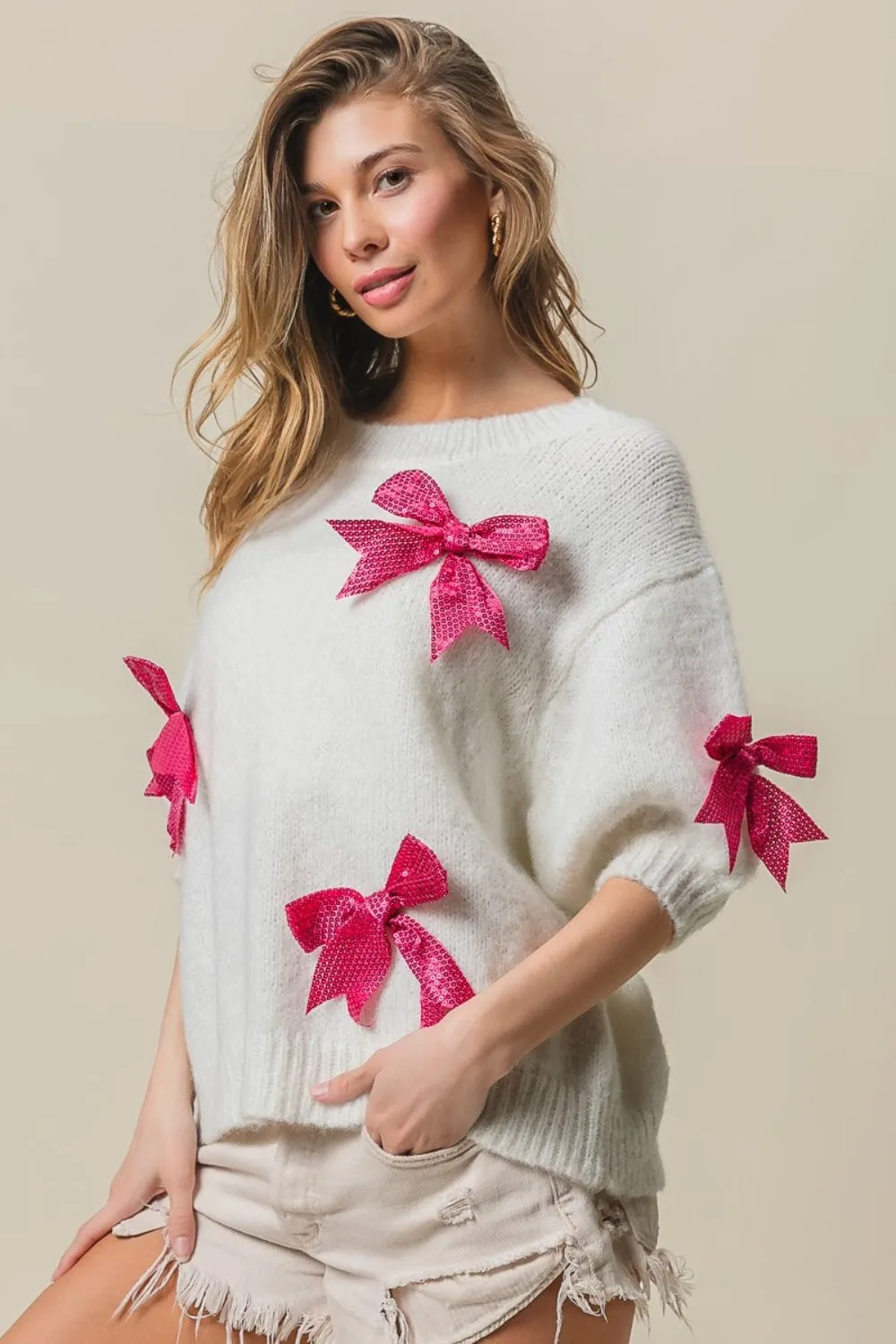 Maxct &BiBi Sequin Bow Puff Sleeve Sweater