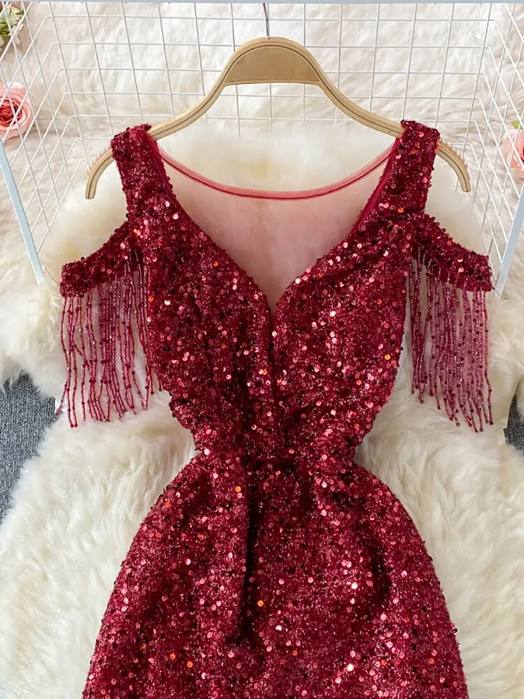 Maxct Sequins Party Maxi Dress For Women Sexy V-Neck Short Sleeve High Waist Tassel Long Robe Female Elegant Vestidos