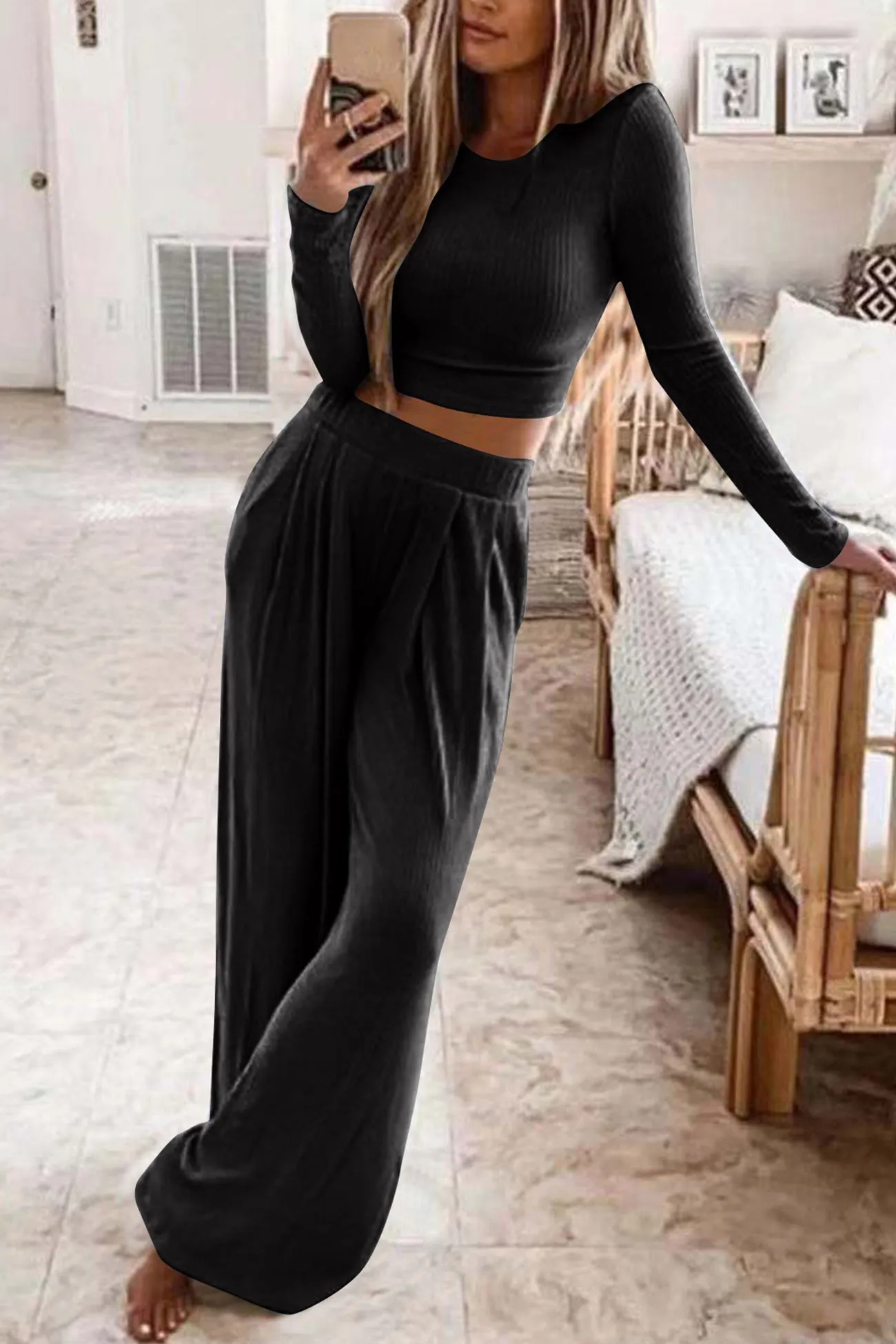 Maxct Solid Color Ribbed Crop Top Long Pants Set
