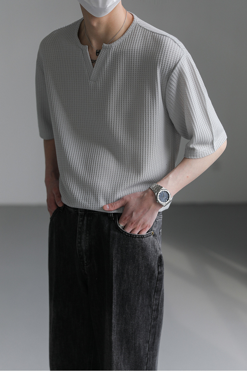 90s Streetwear Summer New Korean Style Loose Small V-neck Short-sleeved T-shirt Men's Fashion Brand Wafflet High-end Sense Half-sleeved T-shirt Top