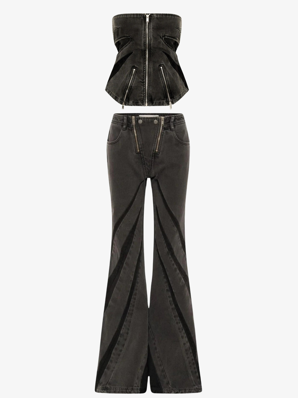 Maxct &Black Denim Tube Top & Patch Jeans Two Piece Set