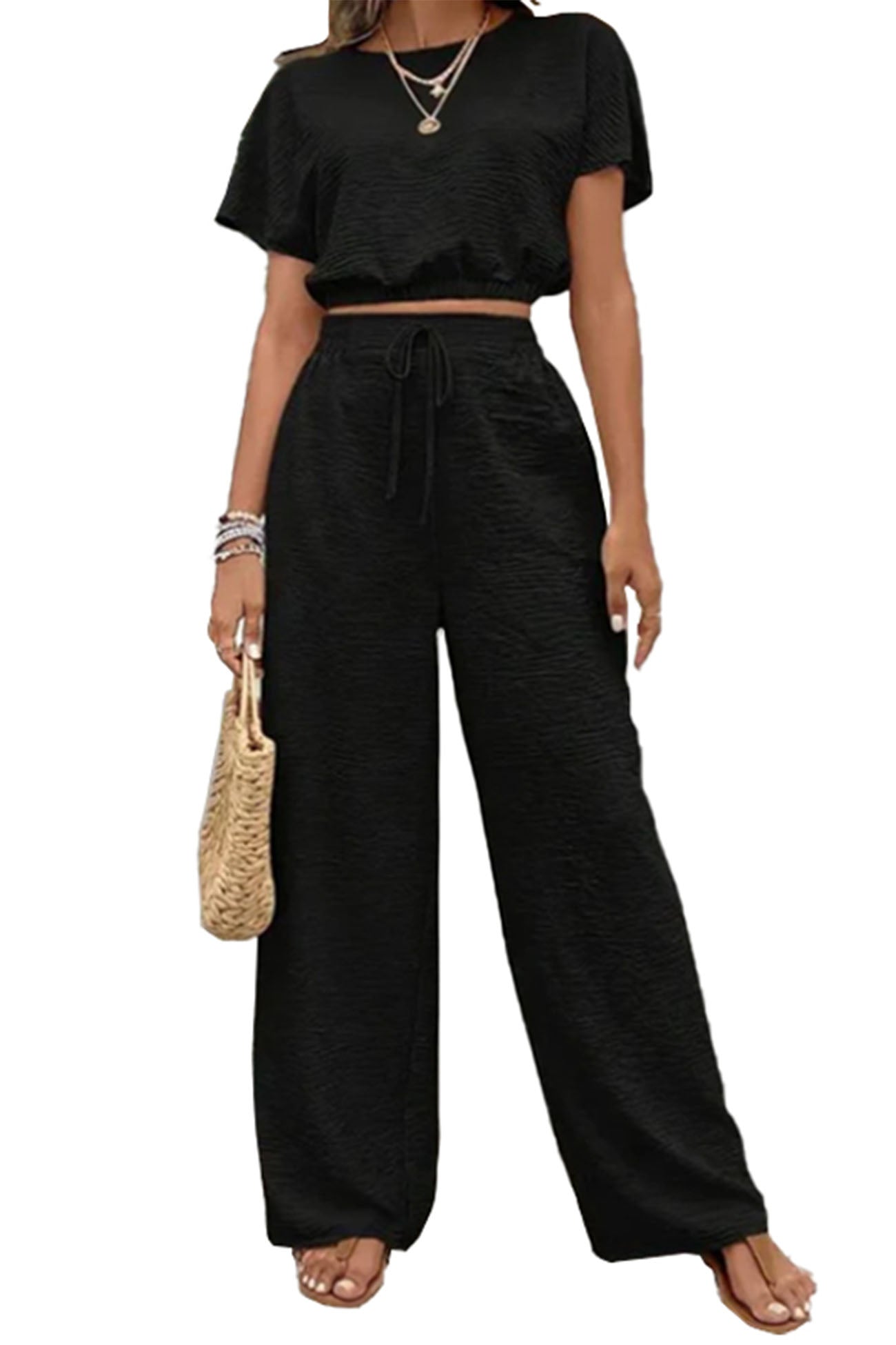Maxct Batwing Sleeve Drawstring Straight Long Pants Set