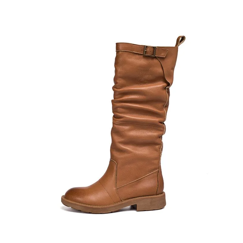 Waxing Knee High Boots Fold Design Riding Boots Buckle Boots Maxct