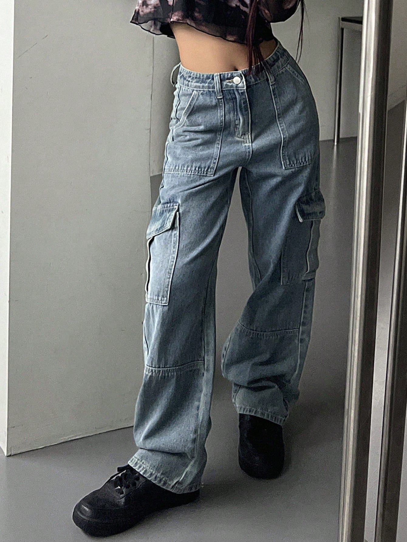 Maxct Women's Workwear Pocket Wide Leg Loose Casual Denim Pants