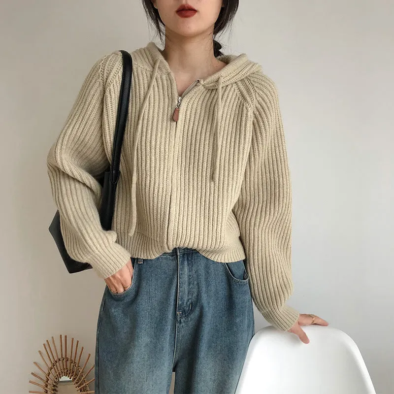 Maxct Vintage Zip Up Knitted Hooded Cardigan