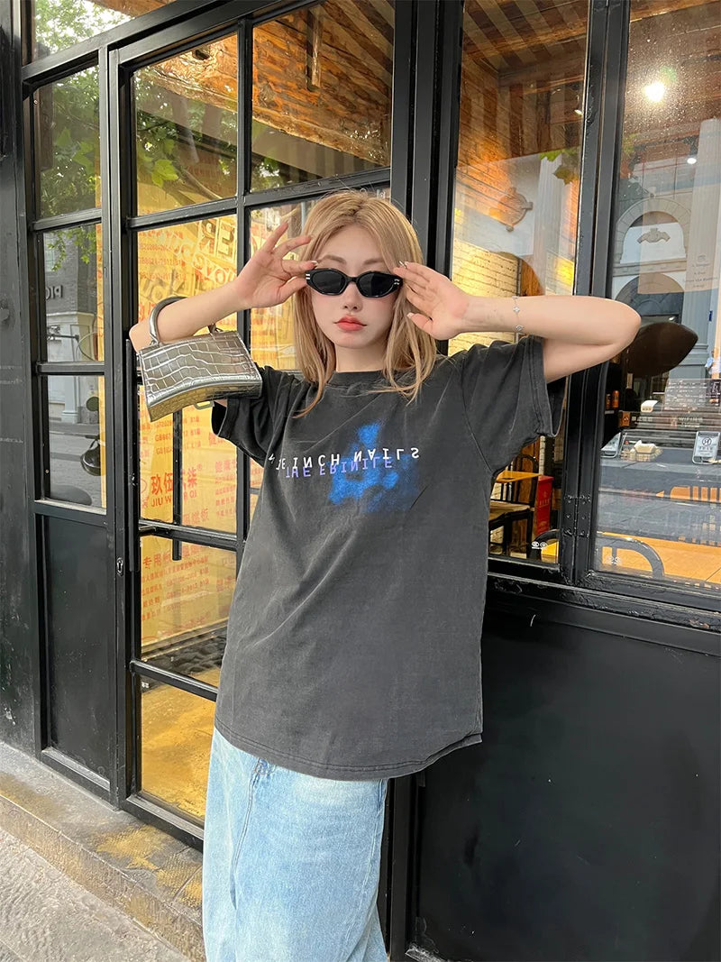 Maxct 90s Streetwear VTG NIN Nine-inch Nail Retro Print Oversized Cotton T-shirt High Quality Loose Casual Men Women 1:1 Vintage T Shirt Summer Sale