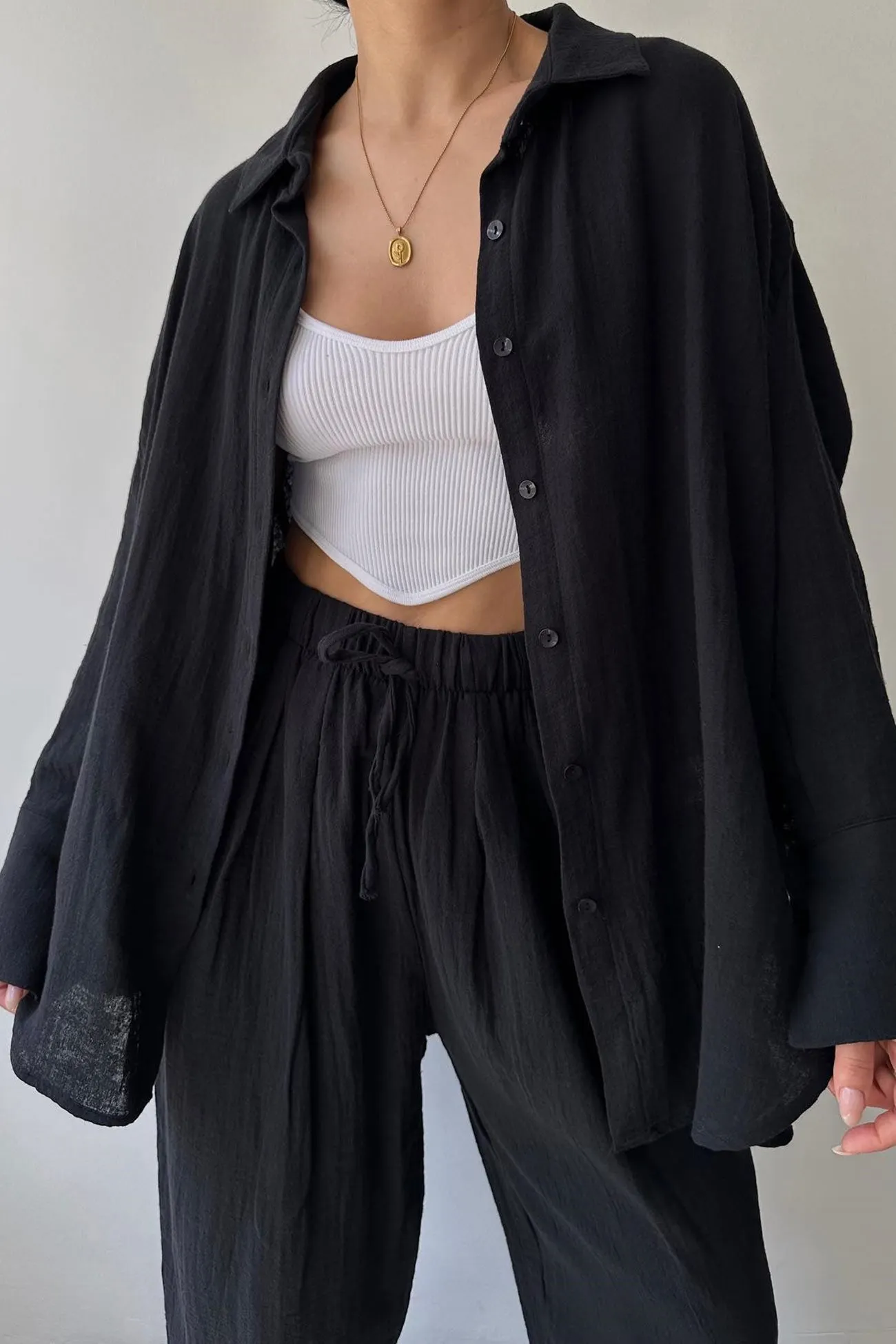 Maxct Lapel Long Sleeve Shirt Strappy Long Pants Suits