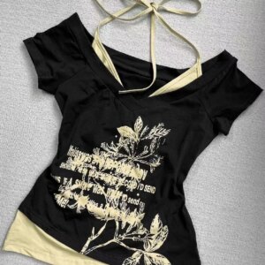 Maxct Retro Fake Two-piece Halterneck Printed T-shirt Women Y2K Streetwear Hot Girl Slim Off Shoulder Millennium Harajuku Casual Top
