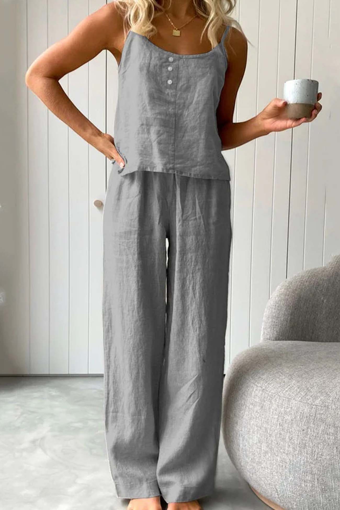 Maxct Solid Color Cotton Spaghetti Straps Long Pants Set