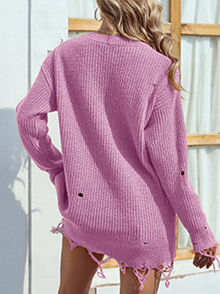 Maxct &Distressed V-Neck Drop Shoulder Sweater