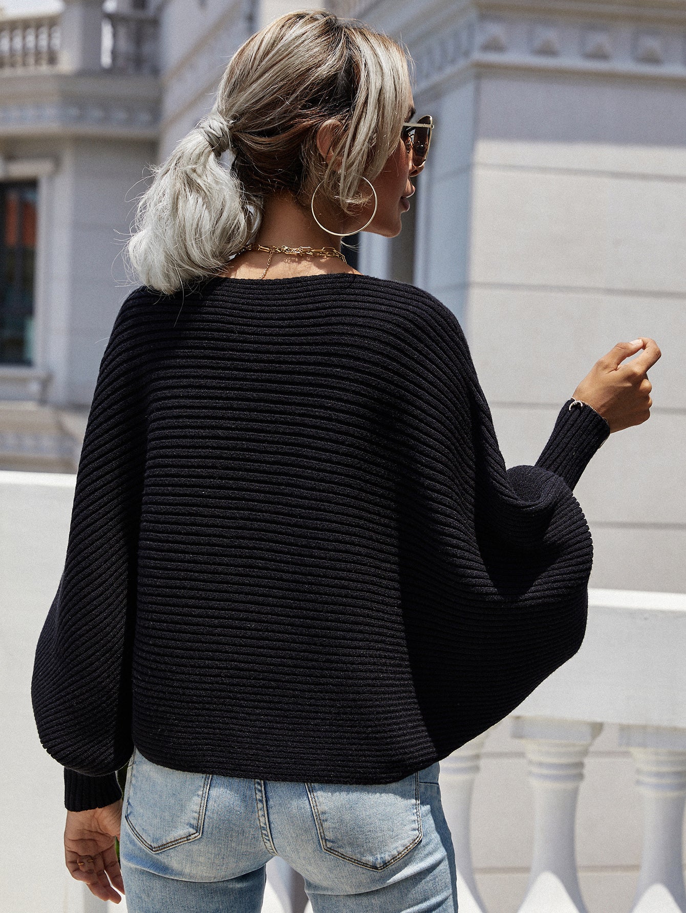 Maxct &Woven Right Horizontal Ribbing Dolman Sleeve Sweater