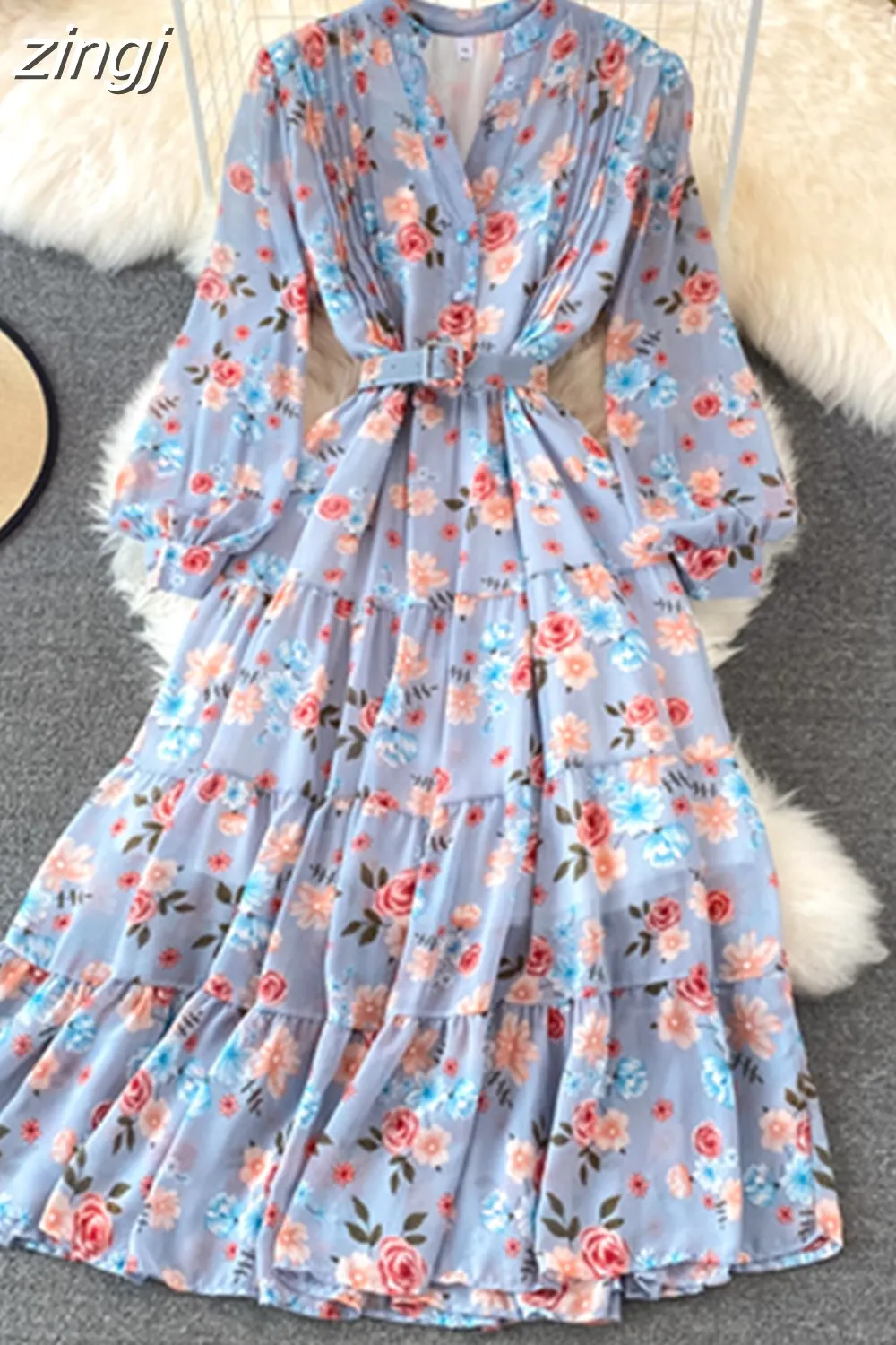 Maxct Floral Midi Dress Women Elegant V-Neck Lantern Long Sleeve High Waist Draped A-Line Casual Vestidos Female Spring Autumn