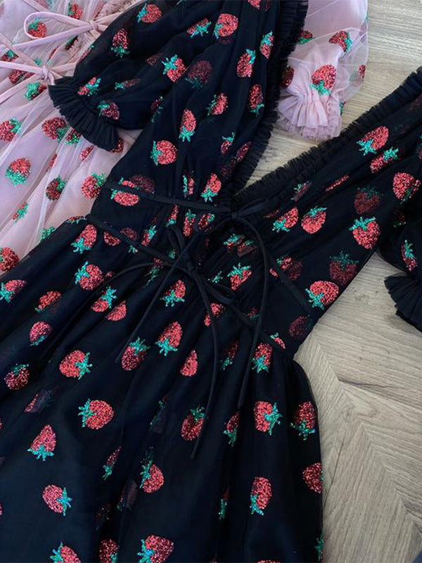 Sequined Strawberry Mesh Pleated Maxi Dress Maxct