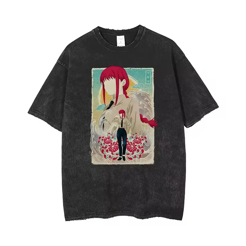 Maxct Anime Chainsaw Man Acid Tshirt Retro Vintage Washed Printed Graphic T Shirt Men Harajuku Cotton Casual Short Sleeve Tshirt Tops