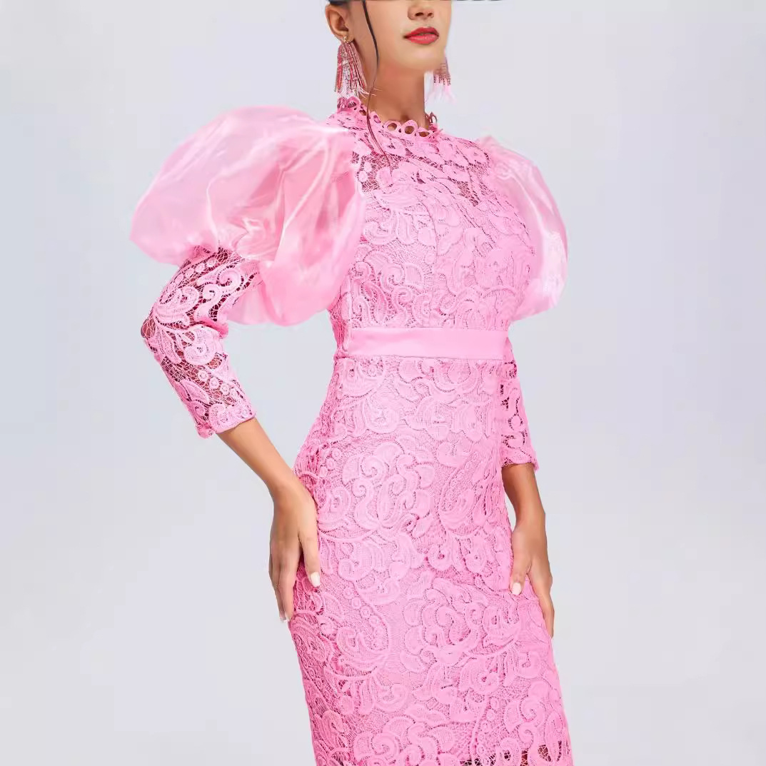 Maxct High-End Dress Dress Lace See-through Puff Sleeve Slim Party Dress Elegant Exquisite Women Dress