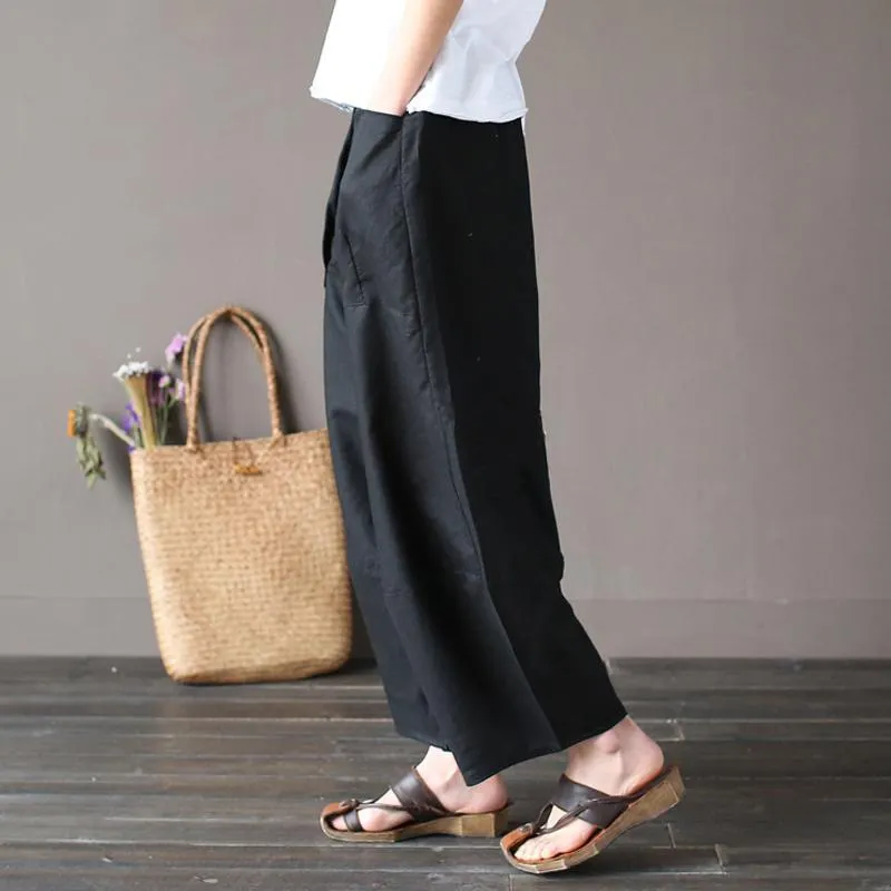 Cotton Linen Elastic Waist Pants With Pockets
