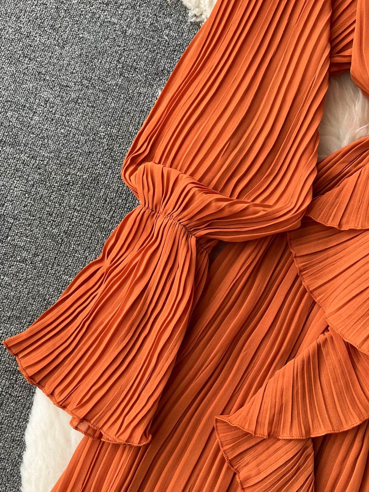 Maxct Maxct Chiffon Pleated Long Dress Women Vintage V-Neck Flare Sleeve Draped Ruffle Vestido Female Maxi Robe Spring Fall 1215-1