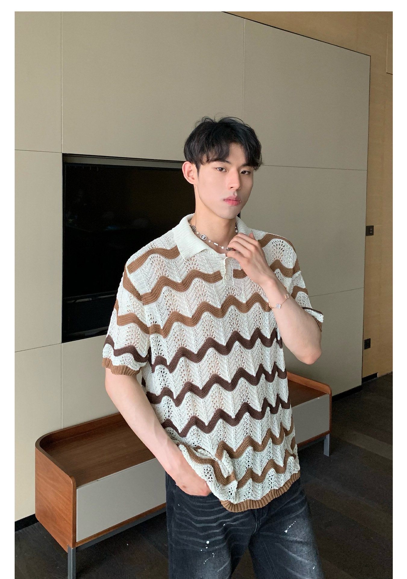 Maxct 90s Streetwear Korean Style Summer High-end Sense Hollow Color Stripe Lap Short-sleeved Niche Design POLO Shirt T-shirt Casual Top