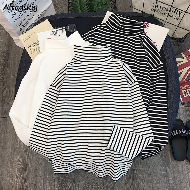 Maxct Long Sleeve T-shirts Women Striped Tshirts All-match Loose Basic Tops Leisure Korean Style Mujer Fashion Clothing Ins