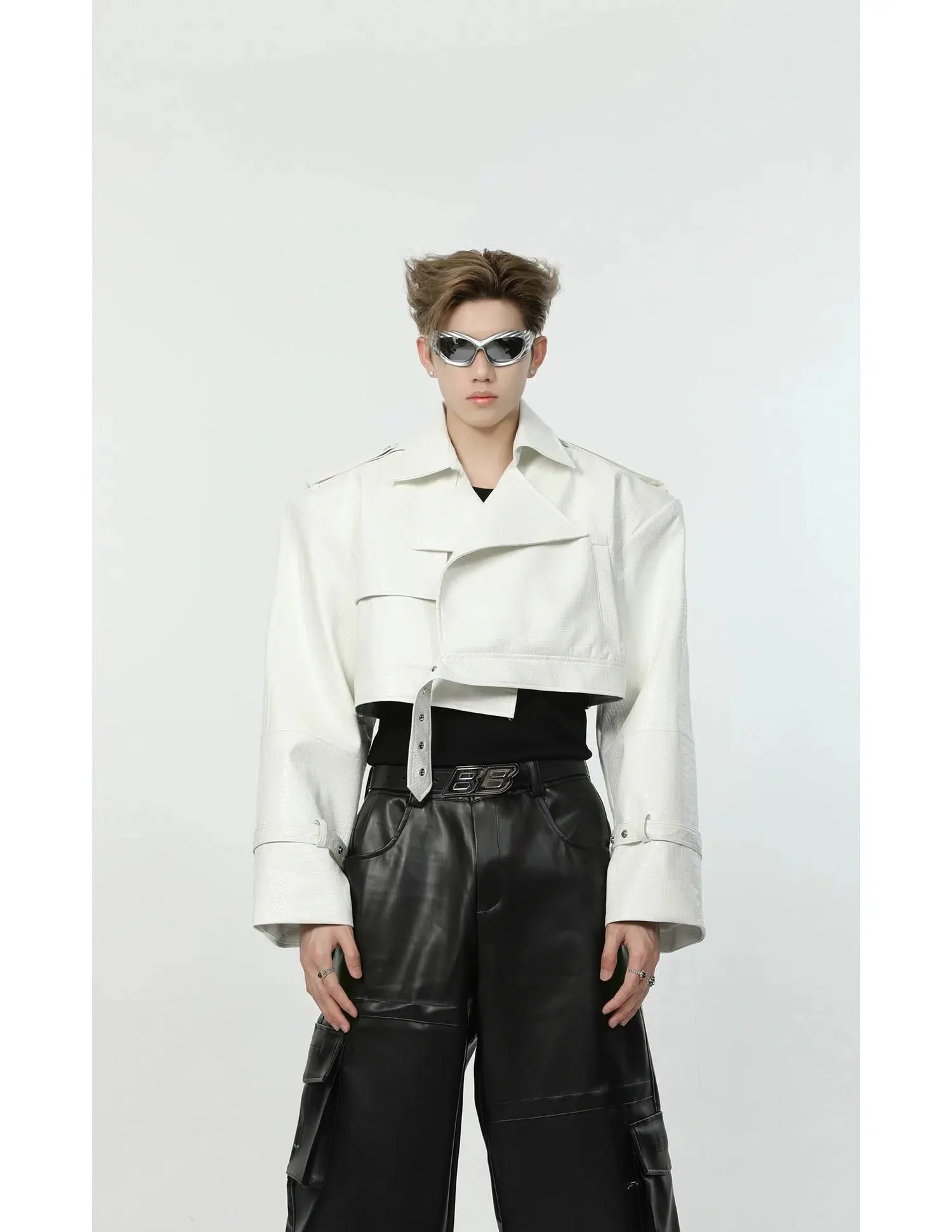 Maxct Short Crocodile Print Leather Jacket