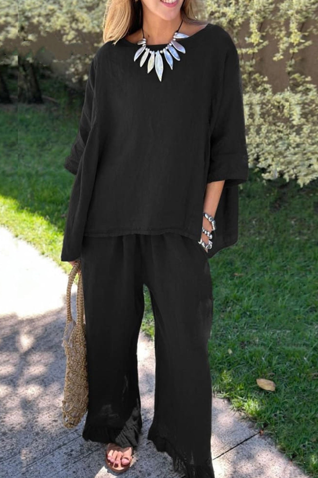Maxct Half Sleeve Tops Fringe Hem Long Pants Set