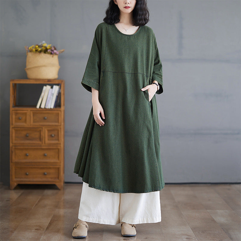 Maxct Women Autumn Retro Spliced A- Line Denim Dress