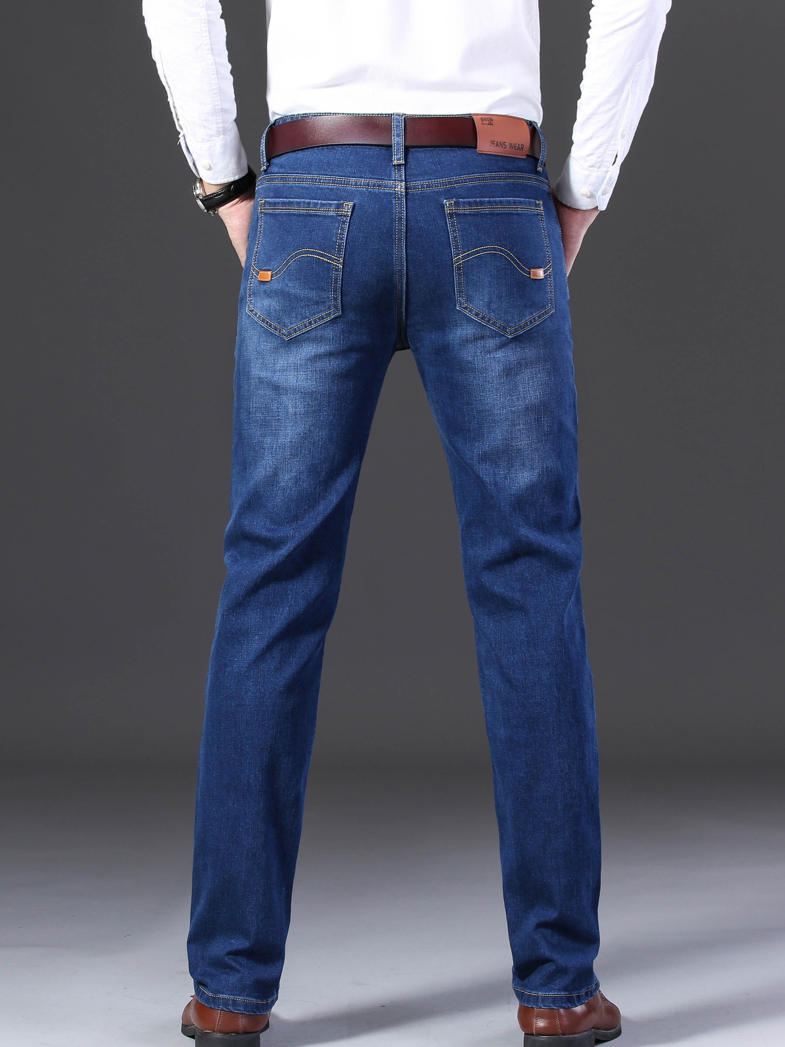 Men's Straight Leg Slim Stretch Retro Jeans Mid Waist Basic Zipper Wash Denim Pants