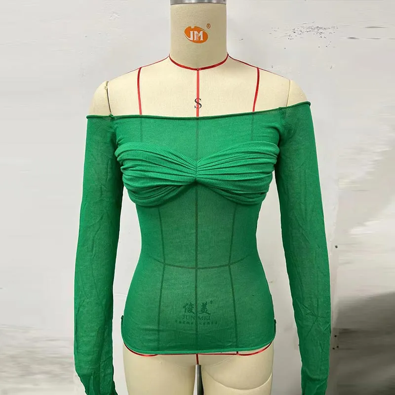Maxct Sexy Transparent Off Shoulder Shirts Women Slim Fit Solid Perspective Thin T-Shirt Female Autumn Chic Elegant Daily Tops