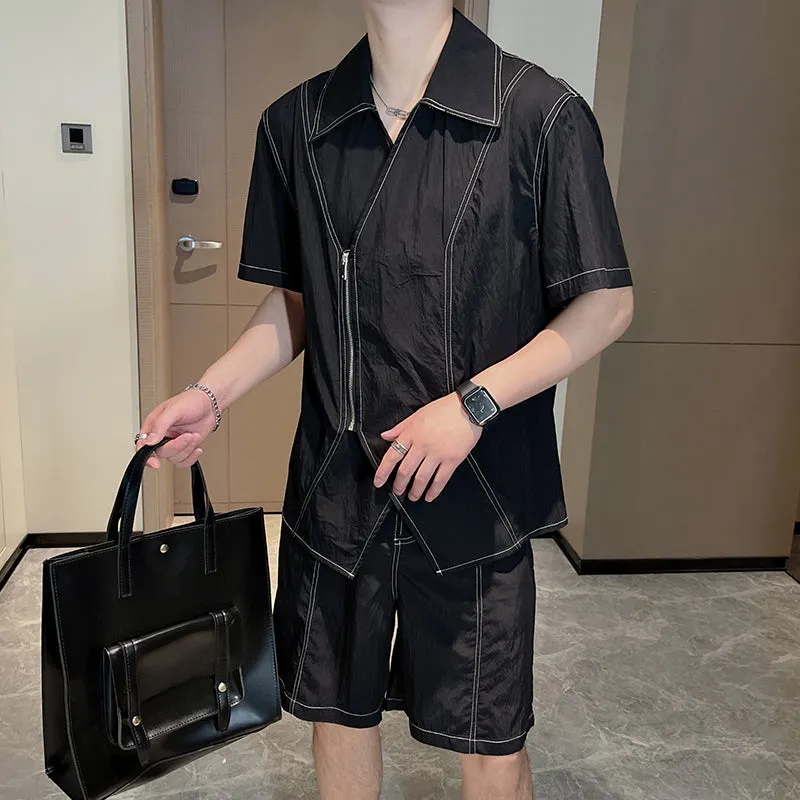Maxct Summer Topstitched Zip Shirt Shorts Set