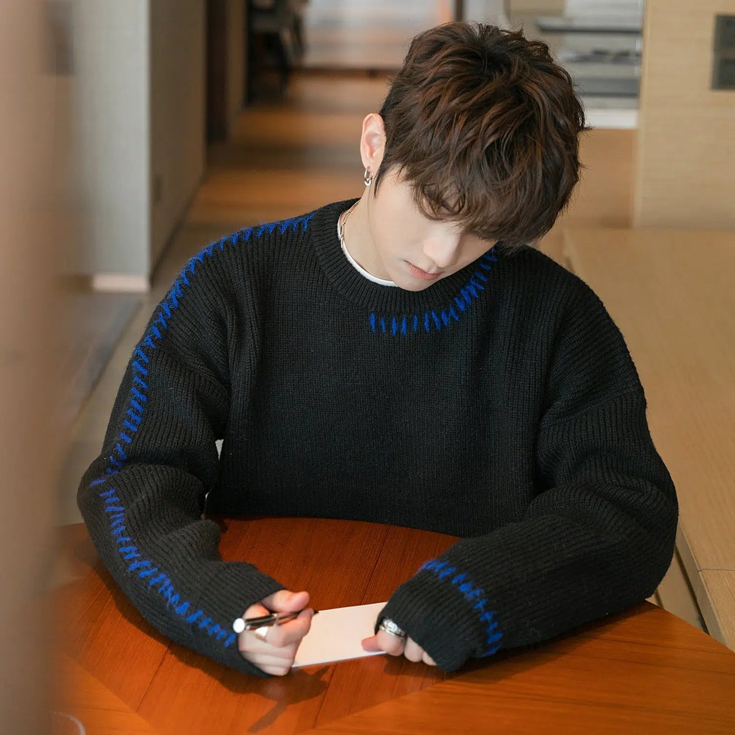 Maxct Contrast Color Topstitched Trim Sweater